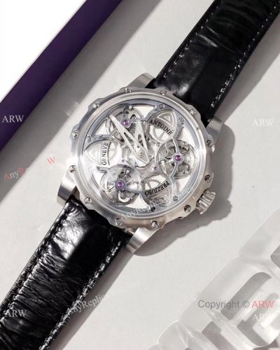 Swiss Replica Antoine Preziuso Geneve Skeleton Watch Silver Dial Black Leather Band